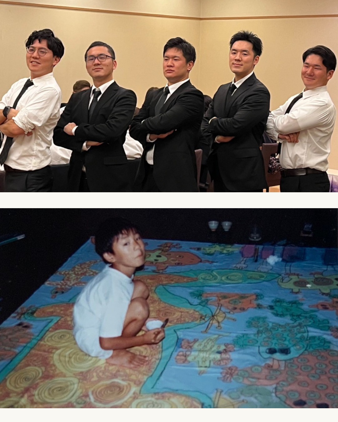 5人兄弟、左から2番目が本人／幼い頃、大きな布に絵を描く様子